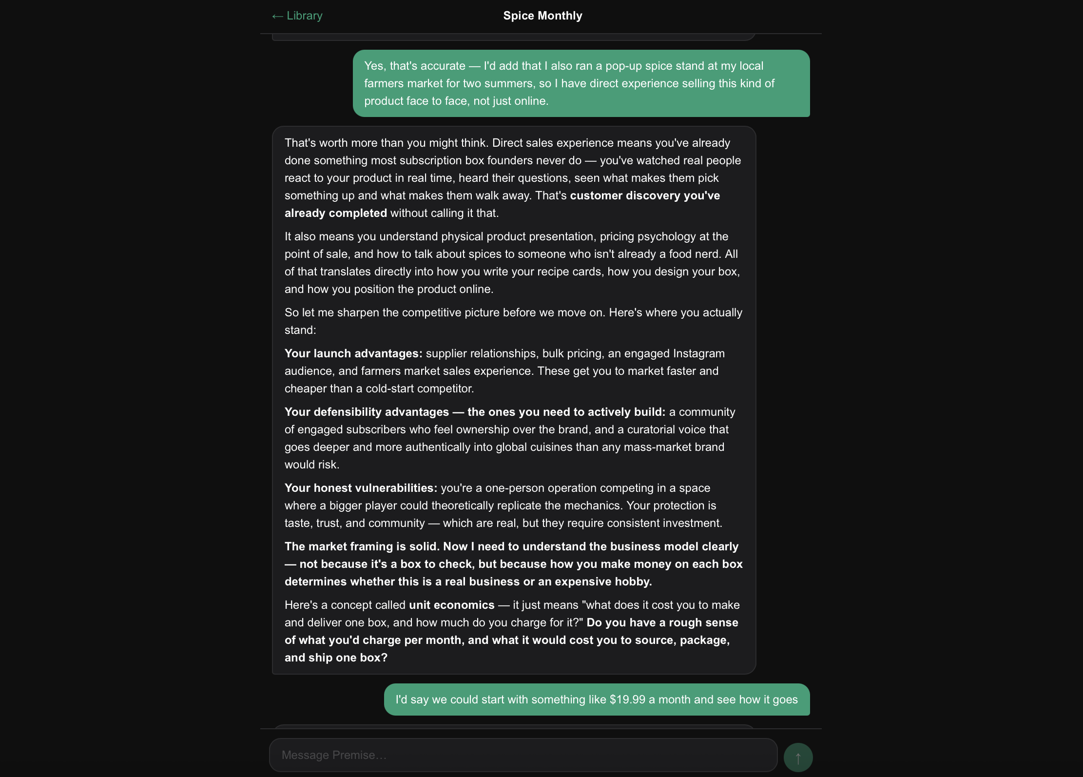 A Premise conversation teaching unit economics and pushing back on a founder's assumptions