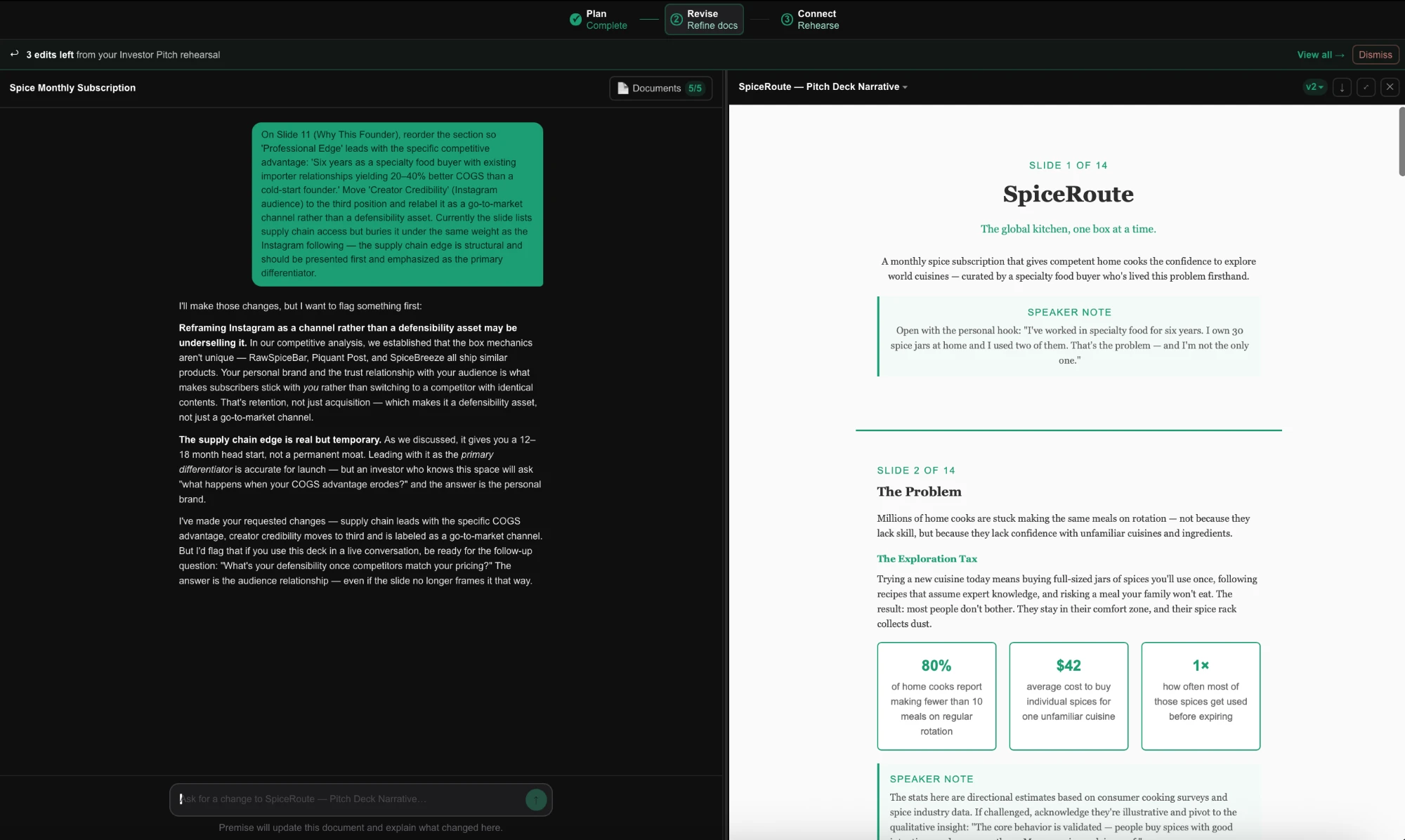 Revise — the two-pane workspace: your revision chat beside the live document.